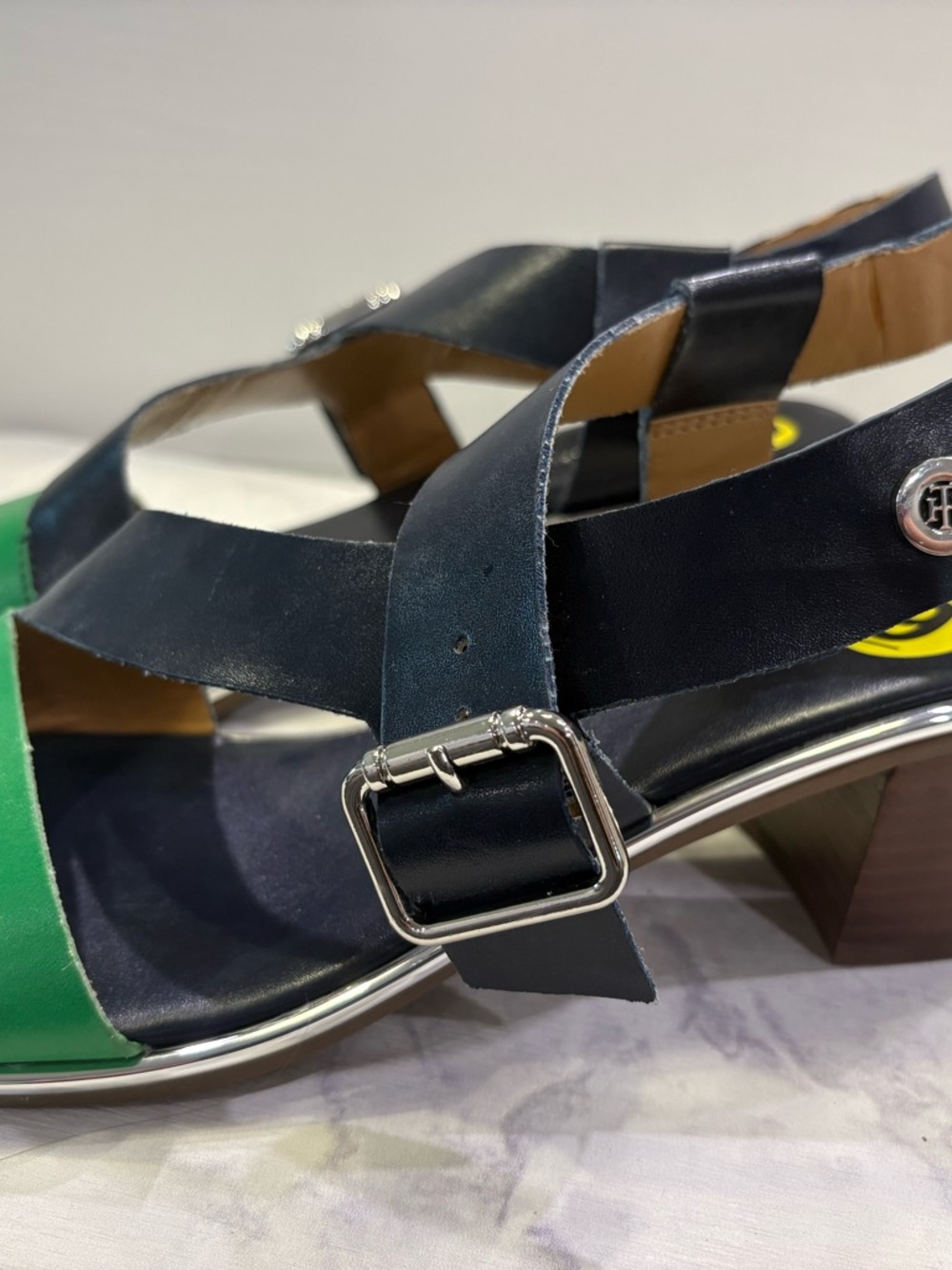 Tommy Hilfiger Navy and Green Leather Slingback Sandals